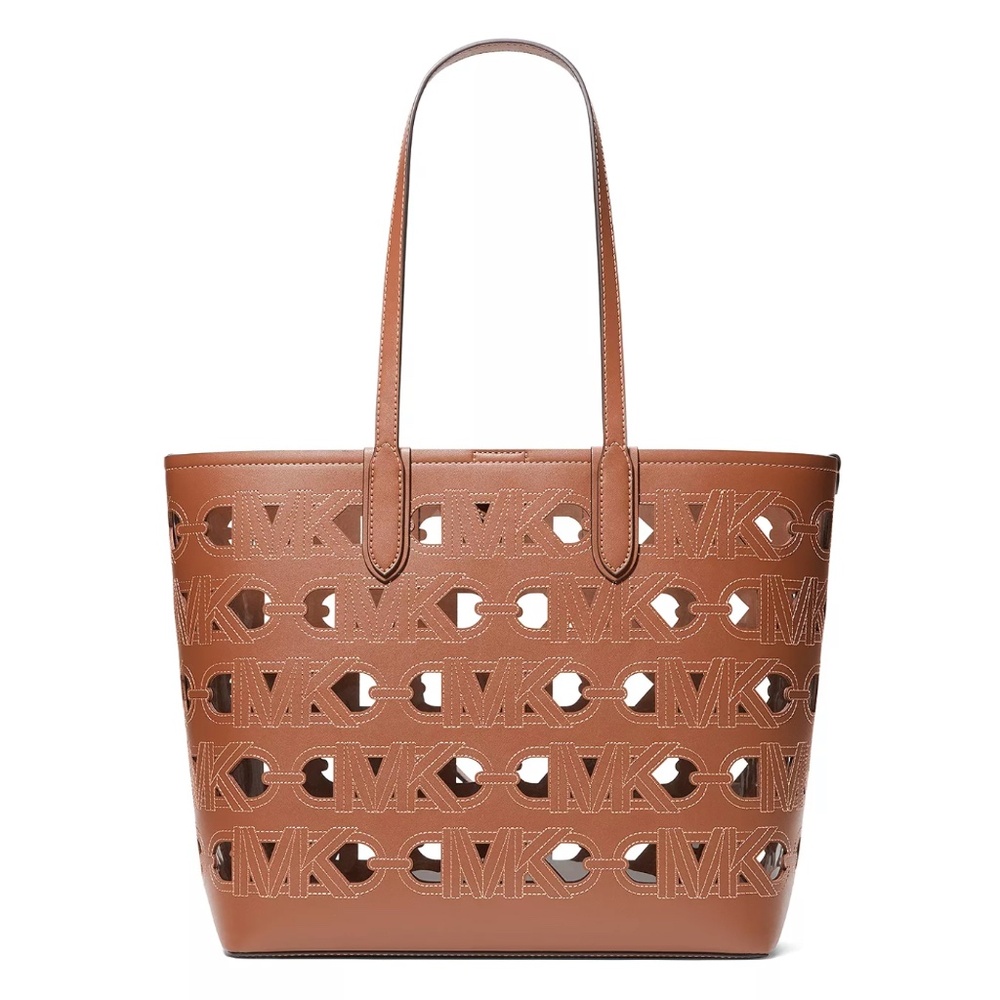 NWT Original $300 MICHAEL KORS Eliza Large East West Tote Bag Brown Cutouts